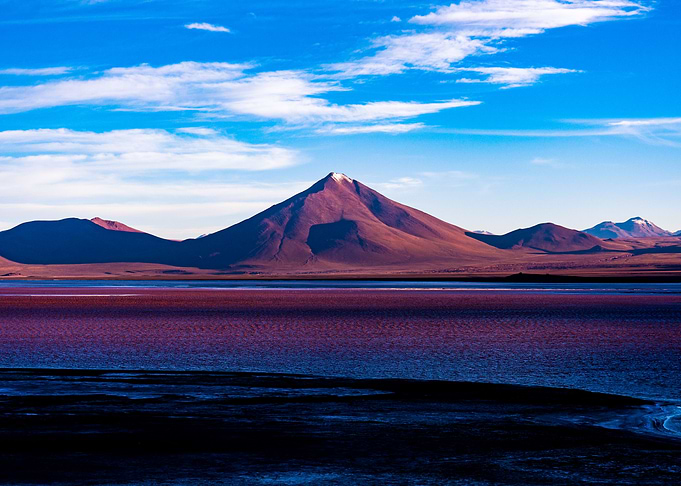 Volcano & Red lake with Flamingos in Bolivia