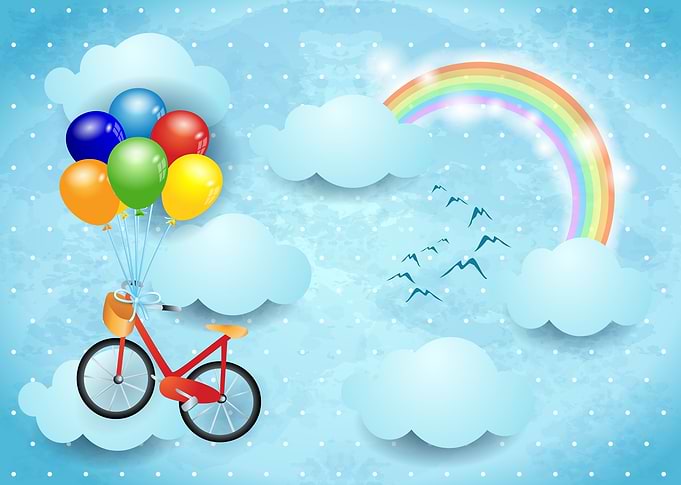 Surreal sky with bicycle and balloons