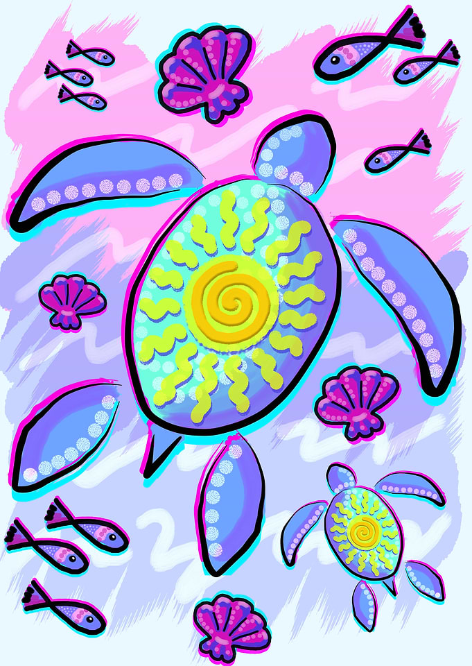 Sea Turtle and Sun Abstract Glitch Ultraviolets