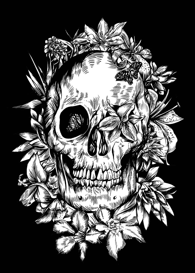 tropical skull black and w