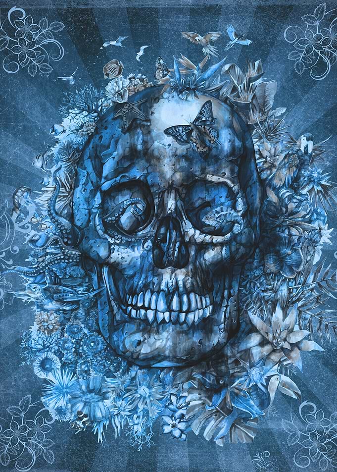 tropical floral skull blue