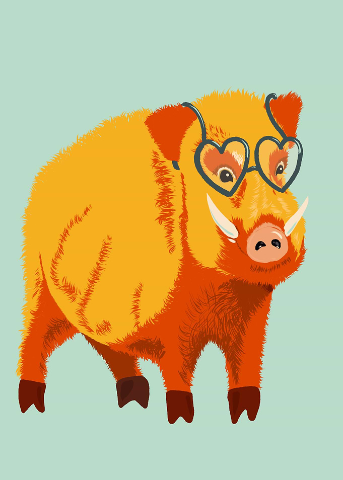 Cute boar with heart shaped eyeglasses