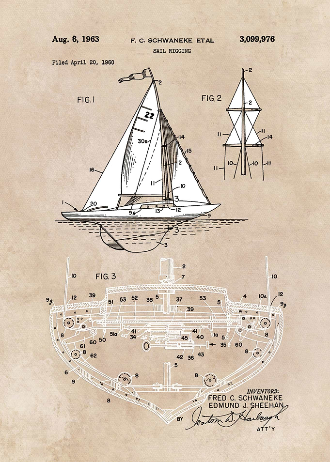 patent art Schwaneke Sail rigging 1963