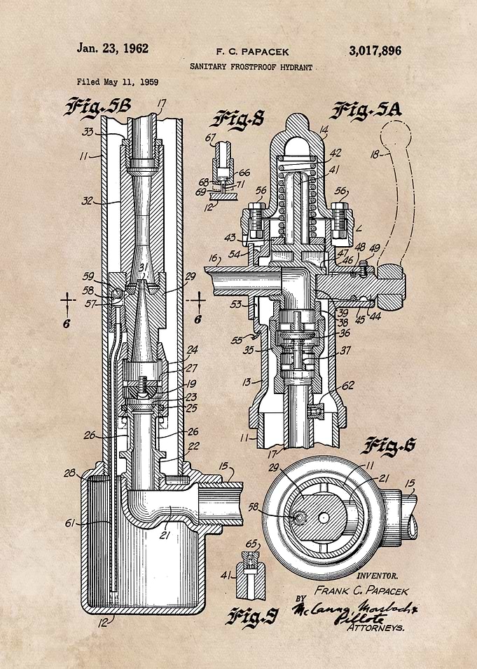 patent art Papacek Sanitary hydrant 1962