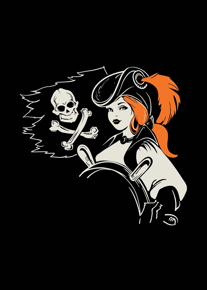 Pirate girl helmsman under Jolly Roger flag