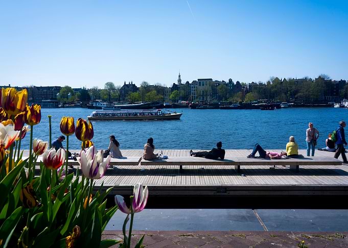People chilling @ sunny Canals of Amsterdam.Tulips