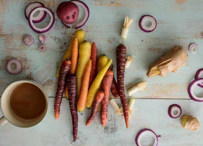 Fresh Market vegetable flat lay with coffee