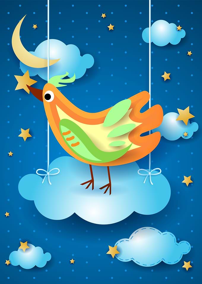 Surreal sky with clouds and bird
