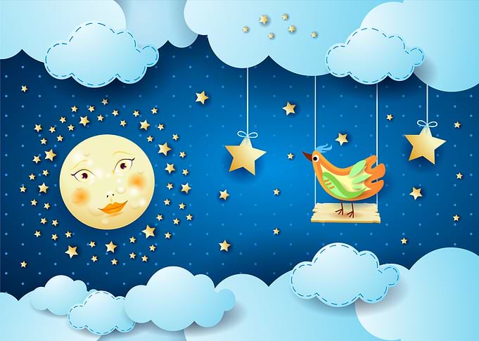 Surreal night with clouds, full moon and bird