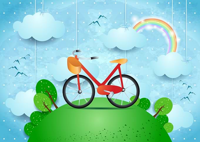 Surreal landscape with hamging clouds and bike