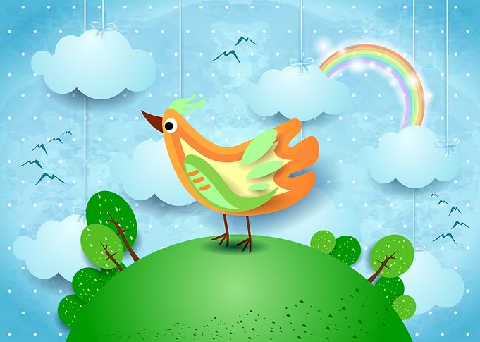 Surreal landscape with hanging clouds and bird
