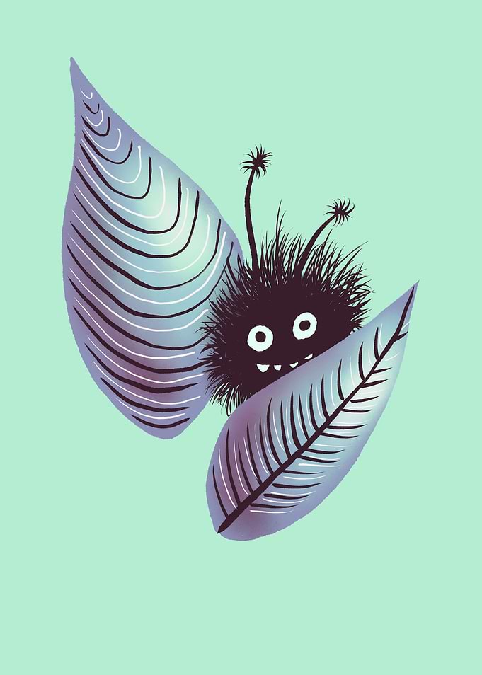 Cute Hairy Creature Hidden In Leaves - Digital Art