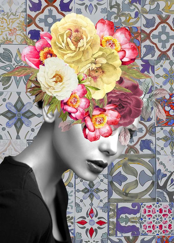 collage art-girl with flowers