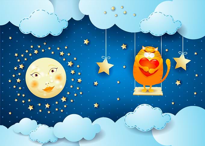 Surreal night with moon, cat and swing