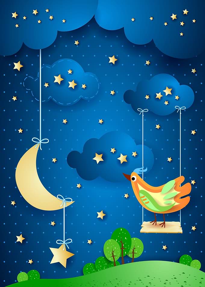 Surreal night with swing and bird
