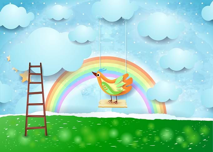 Surreal paper landscape with bird