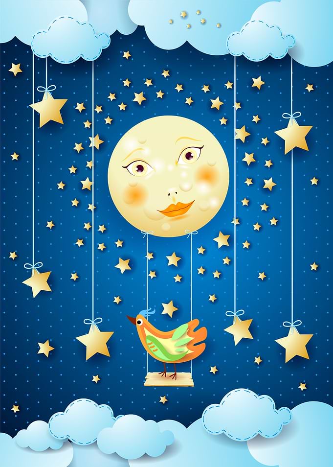 Surreal night with moon, swing and bird