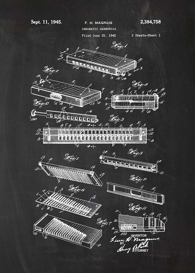 1942 Chromatic Harmonica - Patent Dawing