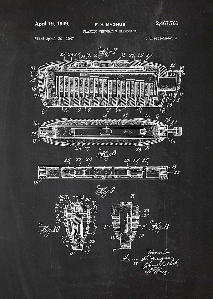 1947 Plastic Harmonica - Patent Drawing