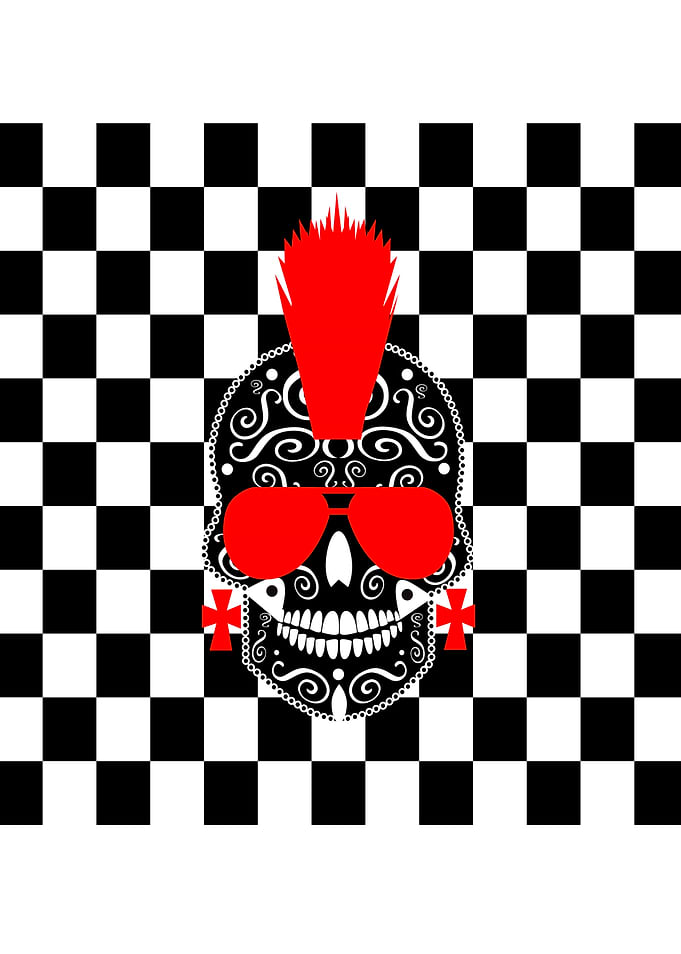 Punk skull icon on the modern black and white back