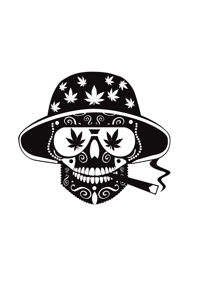 Marijuana skull icon with hat and sunglasses, cool