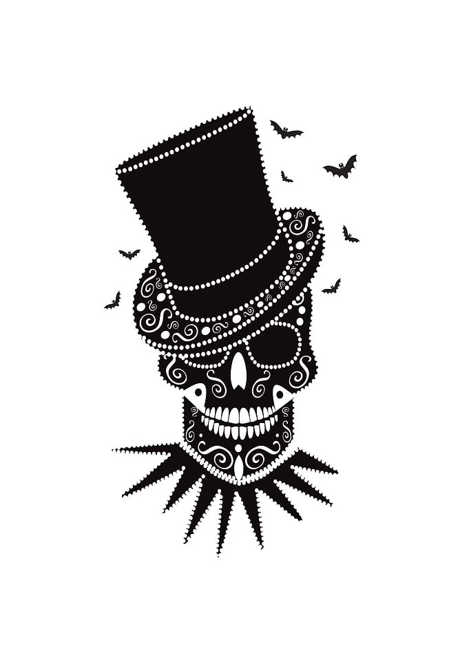Happy Halloween skull with cylinder hat and bats,