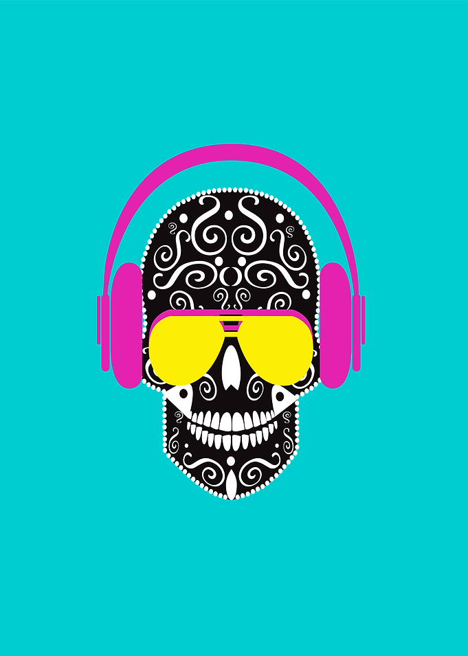 Skull icon with headphones and sunglasses