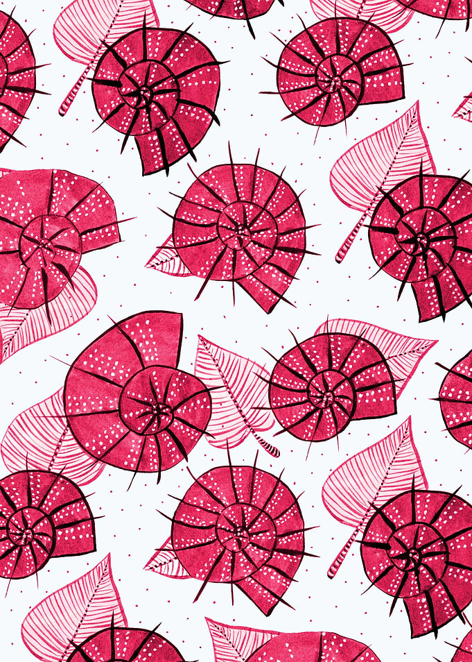 Pink Snails And Leaves Ink Drawn Pattern