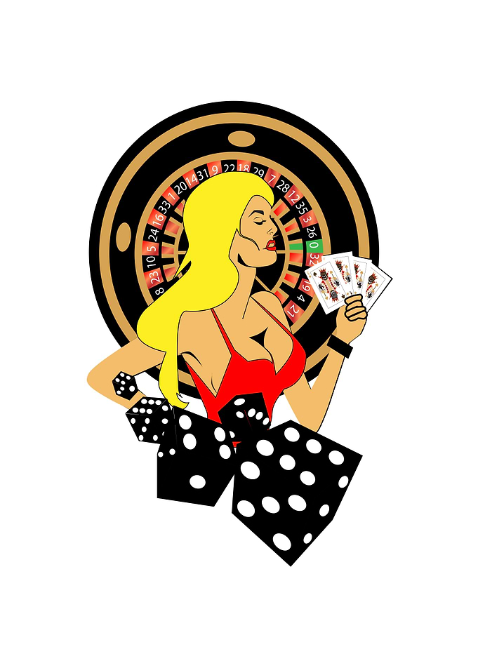 Casino logo with blond hair girl, dices, roulette