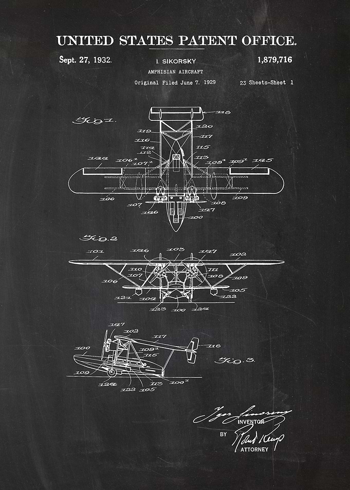 1929 Amphibian Aircraft - Patent Drawing