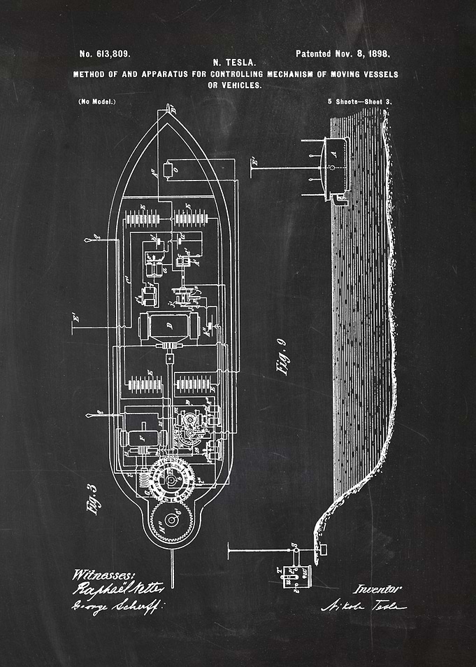 1898 N.Tesla Apparatus for Vessels -Patent Drawing