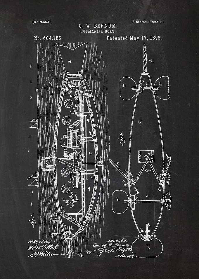 1898 Submarine Boat - Patent Drawing