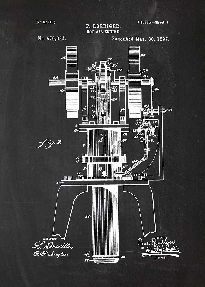 1897 Hot Air Engine - Patent Drawing