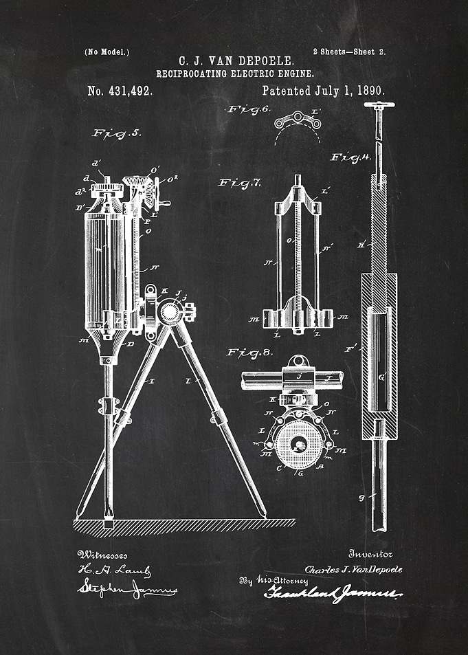 1890 Reciprocating Electric Engine -Patent Drawing