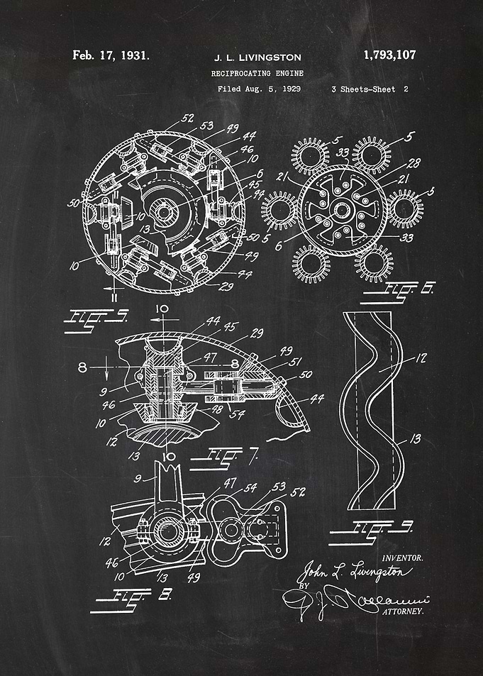 1929 Reciprocating Engine - Patent Drawing
