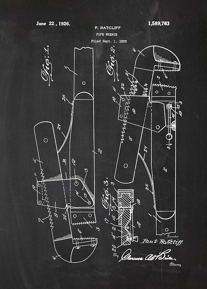1925 Pipe Wrench - Patent Drawing