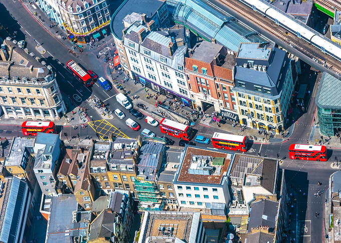 Modern red buses