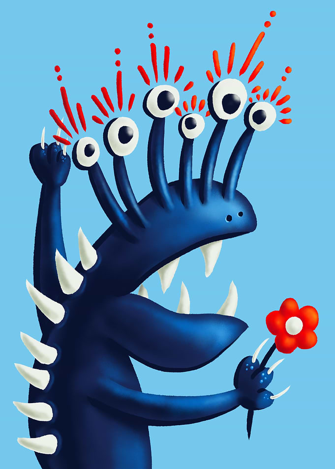 Blue monster with flower