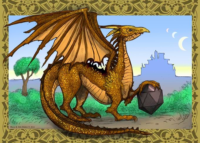 Golden dragon with die.