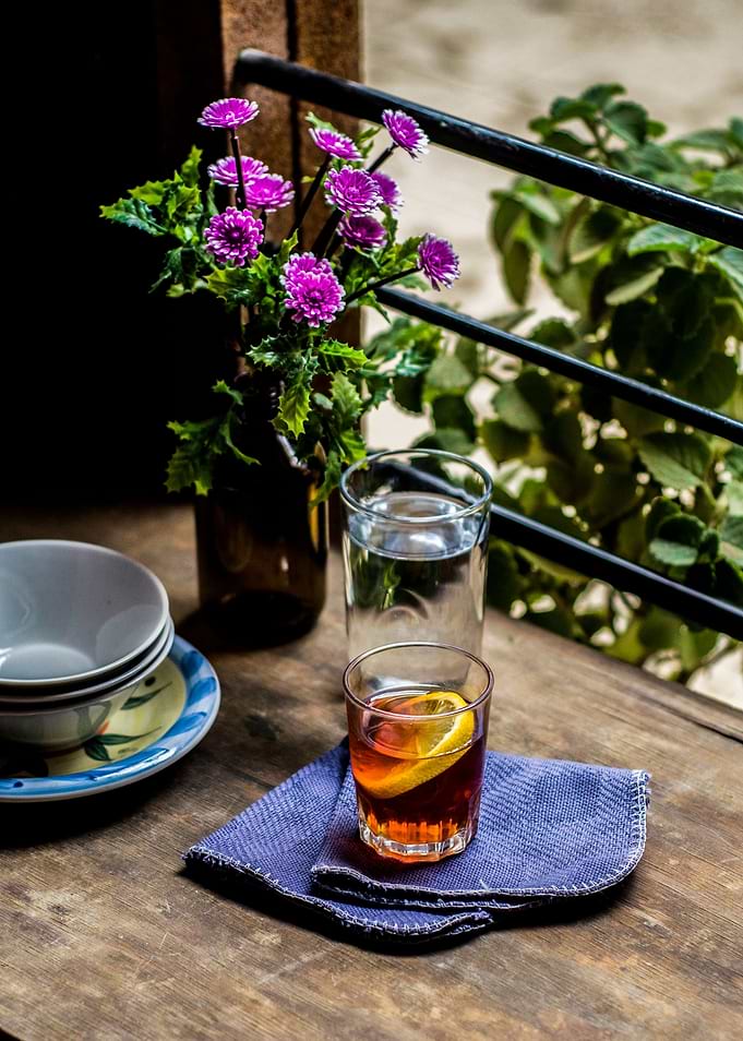 tea on a table with flower