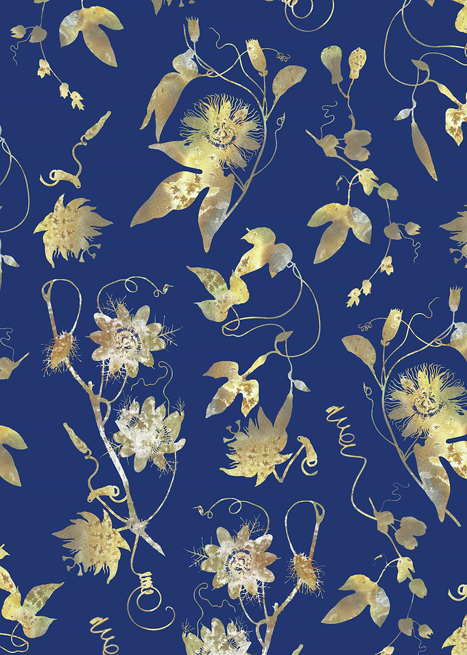 Gold Passiflora on Blue