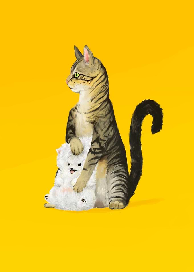 A cat, and a Puppy.