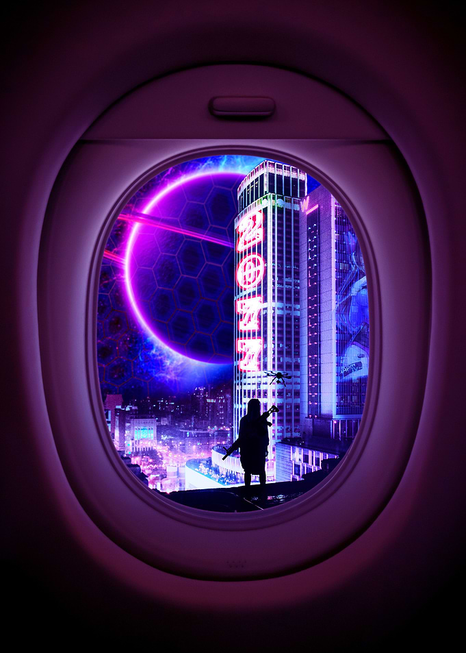 2077 on airplane window