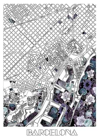 barcelona city map floral