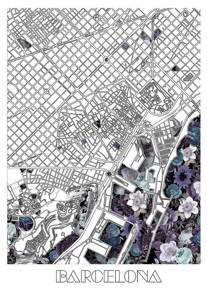 barcelona city map floral