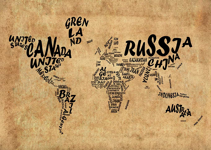 world map typography old