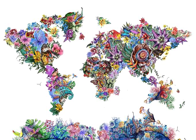 world map tropical floral