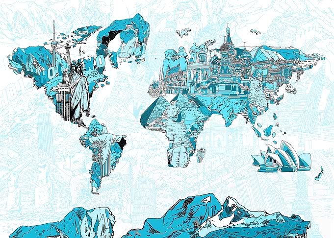 world map collage blue