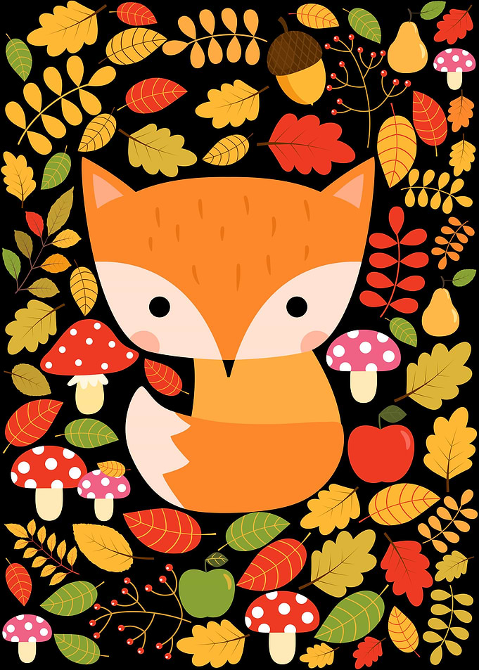 Cute Fox And Autumn Leaves