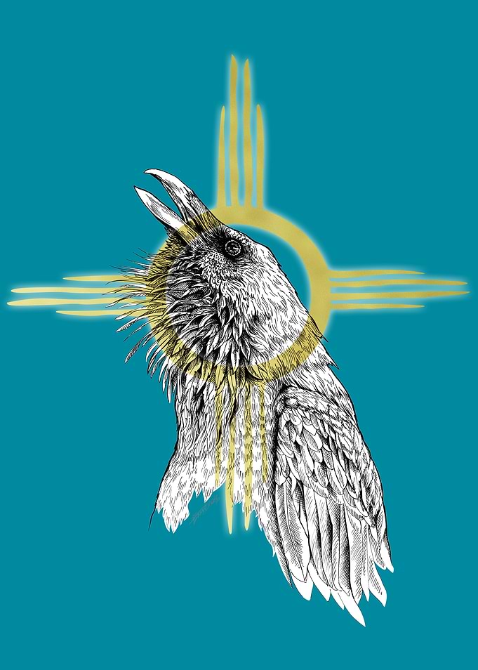 Sun raven on teal blue